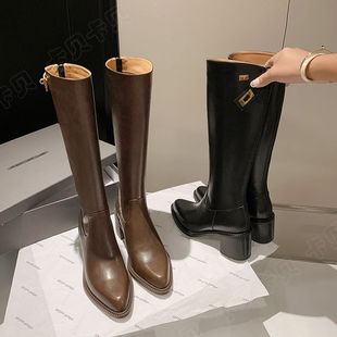 秋隐形内增高9CM 复古文艺百搭后拉链长筒骑士靴 头层牛皮尖头时尚