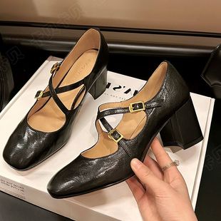 女 头层羊皮优雅复古文艺皮带扣秀气百搭单鞋 春新款 隐形内增高9CM