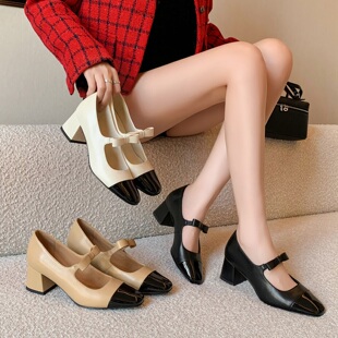 秀气玛丽珍粗跟增高单鞋 隐形内增高7CM 羊皮优雅小香风皮带扣时尚