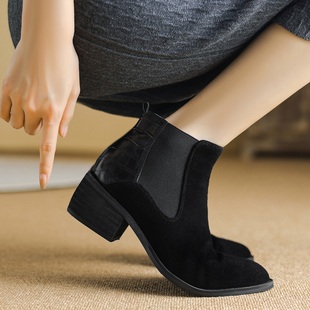 隐形内增高8CM头层牛皮尖头秀气松紧磨砂韩版轻便小香风高跟短靴