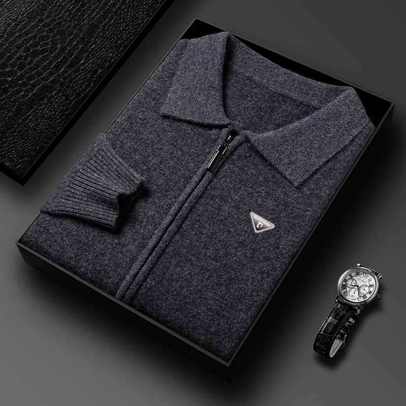 피에르 가르뎅 니트 캐시미어 가디건 남성 가을 겨울 두꺼운 패션 캐주얼 지퍼 옷깃 따뜻한 스웨터 재킷