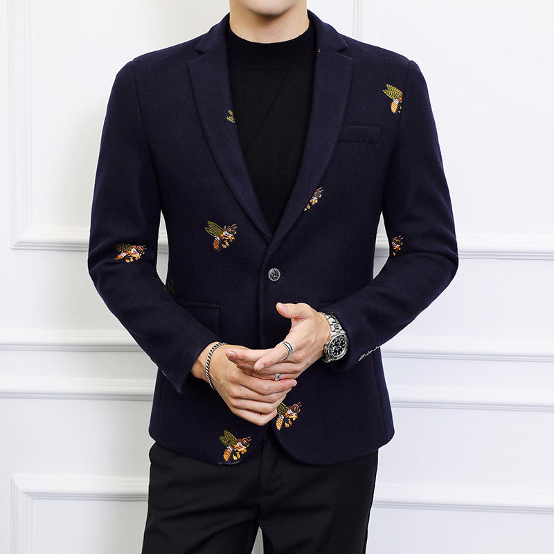 春季男士加厚毛呢子休闲印花西装外套上衣修身大码宴会便西服褂子