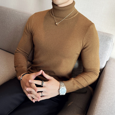 冬季男士轻奢高级感品质翻领高领针织毛衣线衣修身紧身时尚打底衣