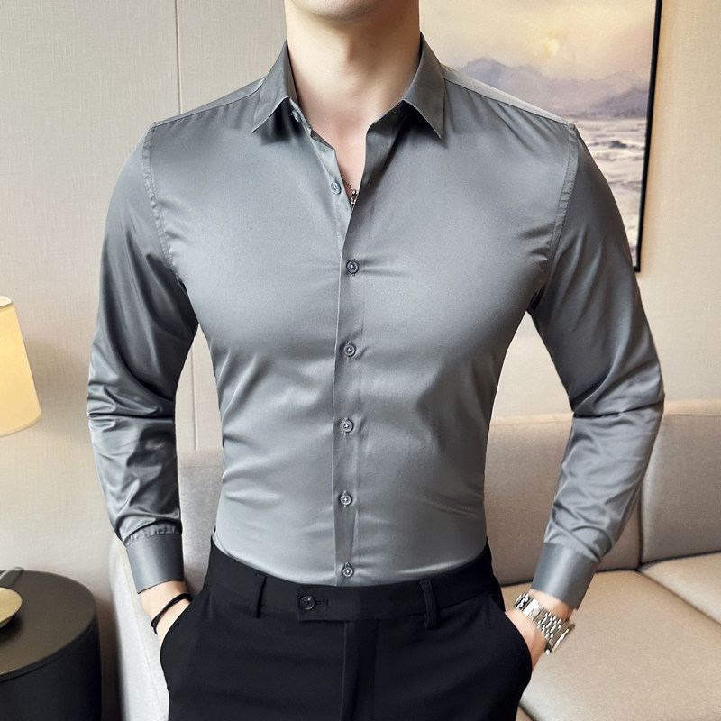 春季男士商务休闲弹力免烫长袖衬衫修身大码纯色打底衬衣韩版男装