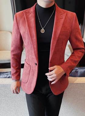春春季男士鹿皮绒西装外套修身时尚商务休闲便西单西褂子西服上衣