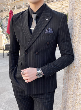 春季男生商务休闲双排扣条纹西装套装新郎结婚礼服修身西服三件套