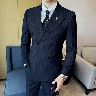 修身 新郎结婚宴会晚礼服条纹双排扣西装 套装 韩版 西服三件套男 大码