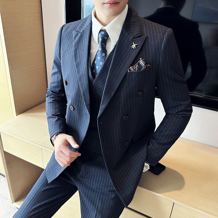 夏季男士新郎结婚礼服双排扣条纹西装套装韩版修身大码西服三件套