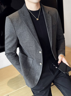 春季男士商务休闲时尚毛呢西装外套韩版修身西服便西上衣潮流男装