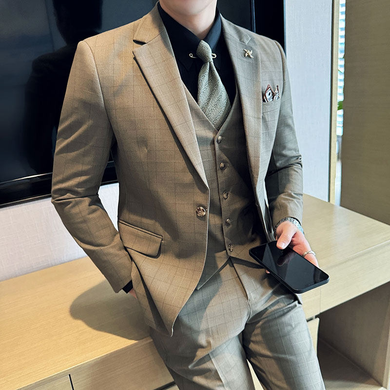 男士格子西装套装商务休闲韩版修身时尚新郎结婚礼服西服三件套春