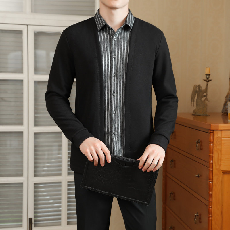 春季男士假两件衬衫领针织衫开衫毛衣时尚修身商务休闲线衣潮男装