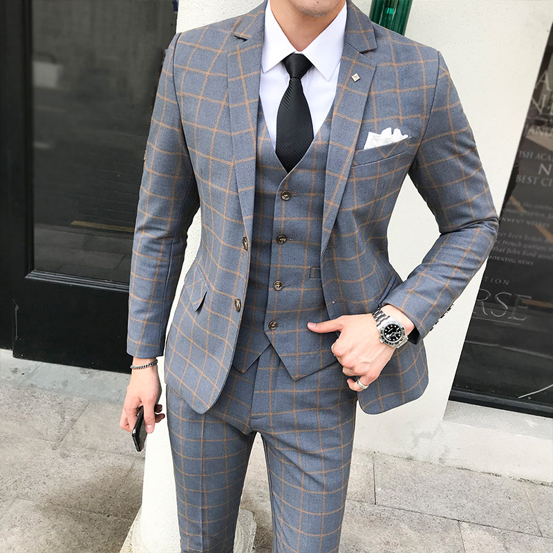 男士休闲时尚格子西装套装韩版修身大码新郎结婚礼服西服三件套男