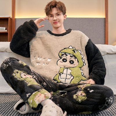 红豆睡衣男士秋冬季珊瑚绒加厚加绒大码青少年高初中学生大童套装