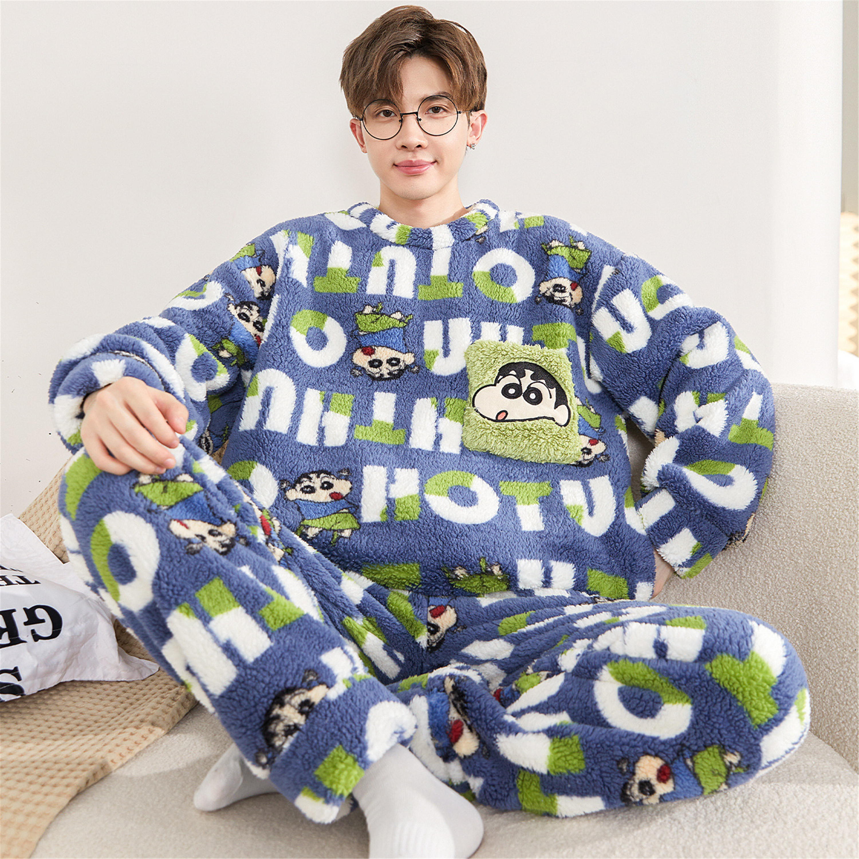 红豆睡衣男士秋冬季加厚款珊瑚绒青少年高中学生大童法兰绒家居服