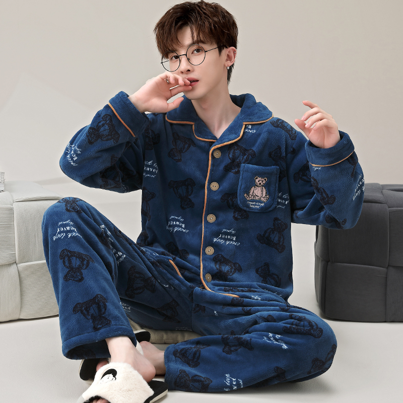 红豆珊瑚绒睡衣男孩加厚高中学生加绒款冬季卡通开衫青少年家居服
