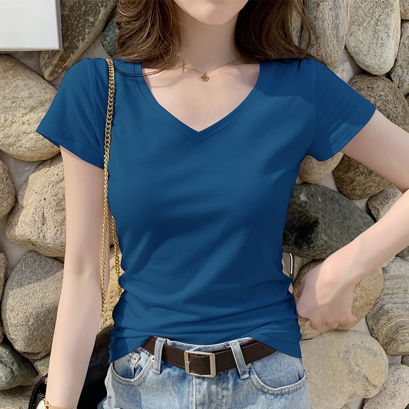 宝蓝色修身短袖t恤女v领上衣2026夏季棉质鸡心领设计感打底体恤潮