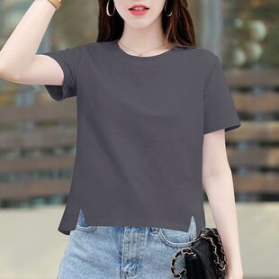 烟灰色宽松短袖t恤女2026夏季新款韩版百搭开叉体恤洋气显瘦上衣