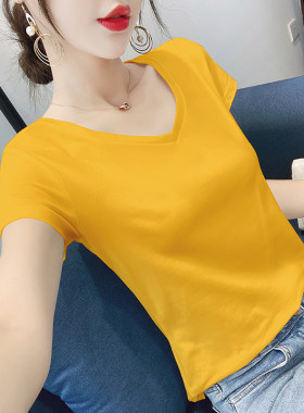 姜黄色短袖t恤女修身V领春夏季2026新款百搭修身显瘦棉质正肩上衣