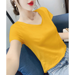 姜黄色短袖t恤女修身V领春夏季2026新款百搭修身显瘦棉质正肩上衣