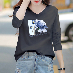 棉质2025新款内搭打底衫烟灰色v领t恤女宽松长袖正肩洋气印花上衣