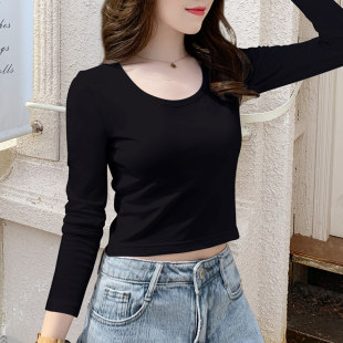 正肩漂亮高腰显瘦露脐打底上衣 2026年春秋新款 黑色短款 t恤女长袖