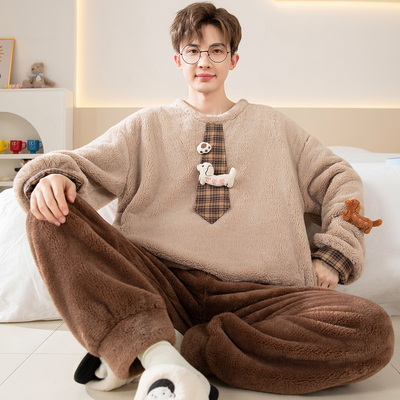 芬腾睡衣男款秋冬季珊瑚绒加厚加绒法兰绒男士大码青少年学生大童