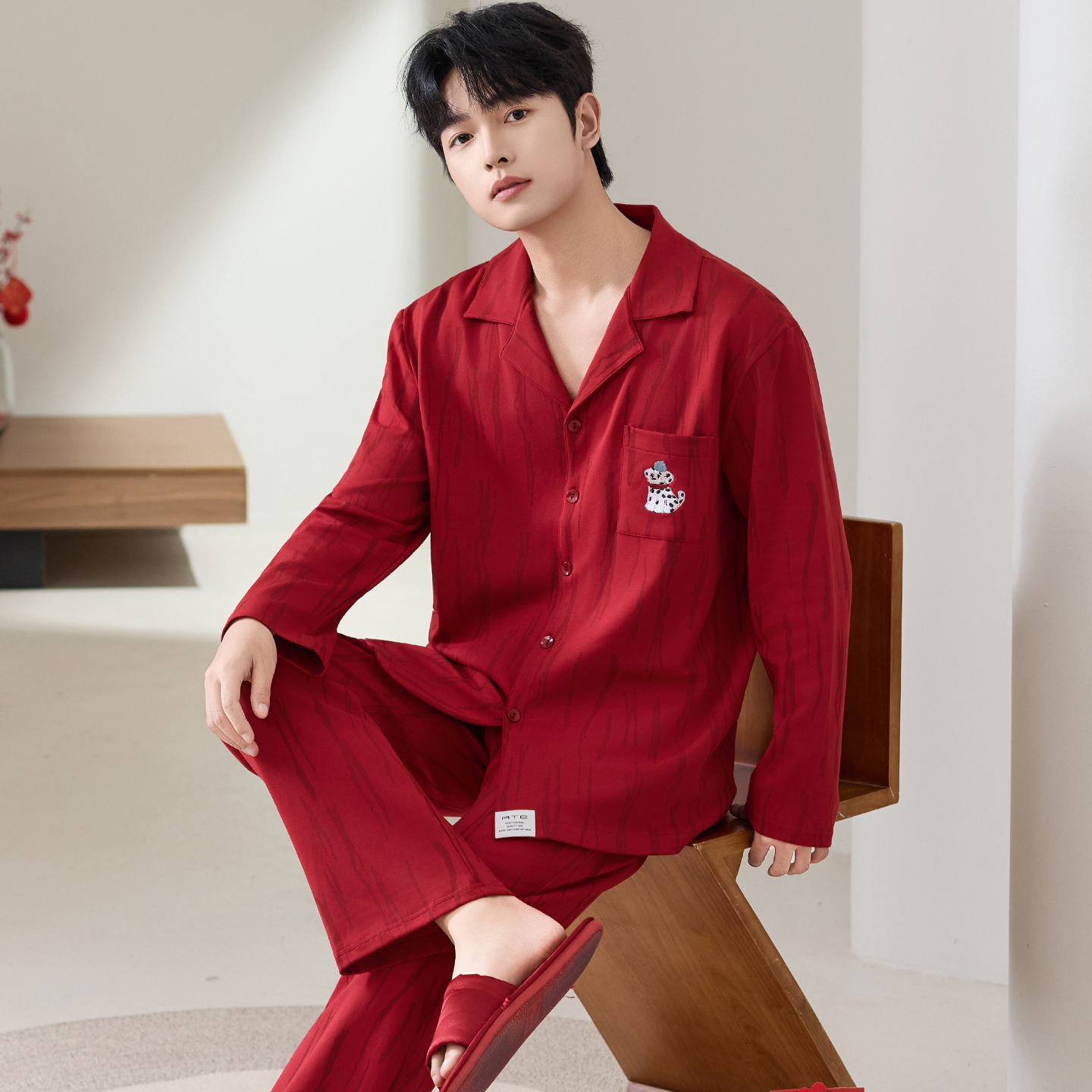 芬腾睡衣新年本命年男士秋冬季纯棉长袖休闲套装大红色喜庆家居服