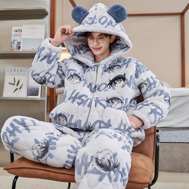 芬腾睡衣男士冬季珊瑚绒加厚加绒三层夹棉青少年男生初中学生大童