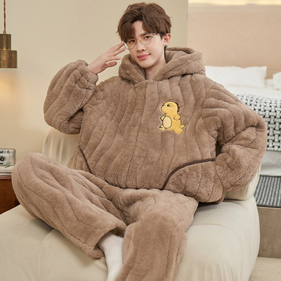 芬腾珊瑚绒睡衣男士冬季加厚加绒三层夹棉青少年初中学生大童棉袄