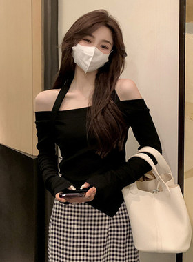高级感挂脖辣妹短款一字肩上衣女