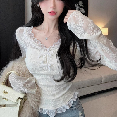 纯欲辣妹性感v领蕾丝衫上衣内搭