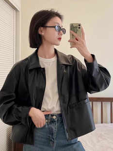 美式 pu皮衣外套女秋冬宽松设计感街头风辣妹上衣夹克 复古黑色短款