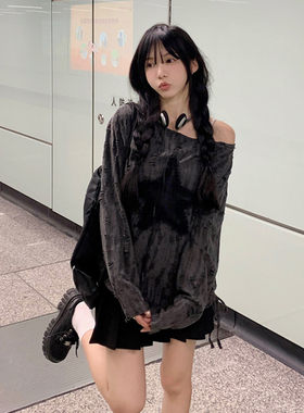 美式复古星星贴布露肩长袖T恤女早秋宽松设计感辣妹薄款抽绳上衣
