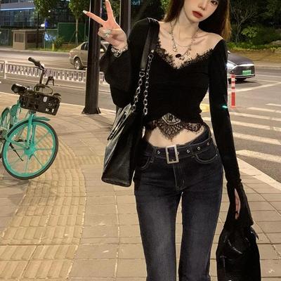 黑色V领蕾丝辣妹短款露脐上衣女