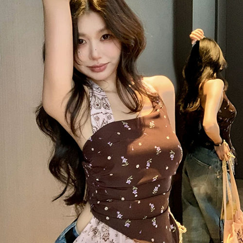 美式辣妹挂脖假两件吊带背心女夏