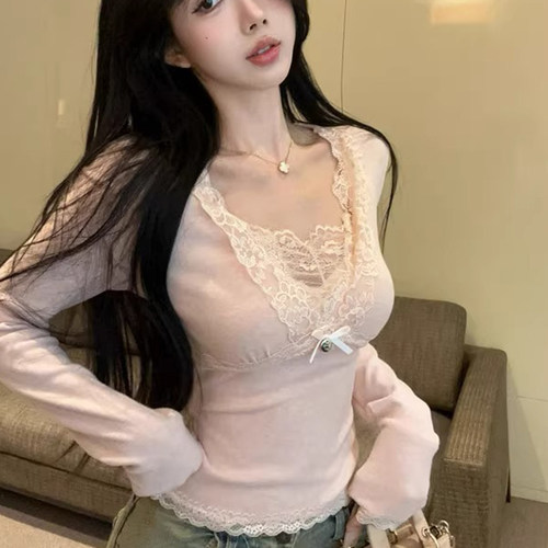 纯欲芭蕾风拼接蕾丝V领长袖T恤女