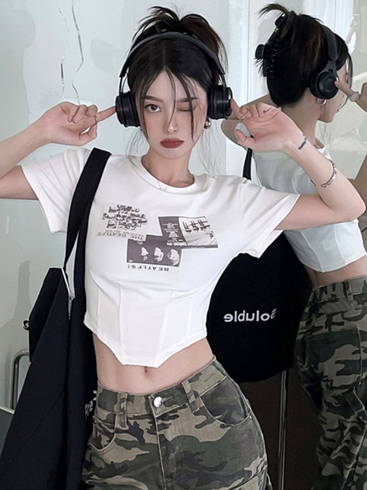 爵士舞蹈甜辣妹印花纯棉正肩短袖t恤女夏季露脐jazz鱼骨短款上衣