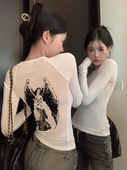 美式 设计感辣妹上衣打底衫 潮牌天使印花长袖 白T恤内搭女秋冬修身
