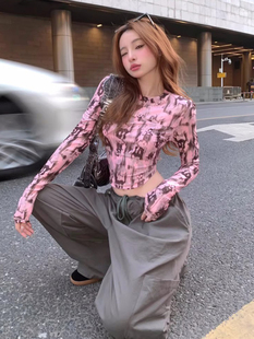 纯欲风甜辣妹扎染长袖 上衣潮 T恤女早秋不规则设计感修身 显瘦短款