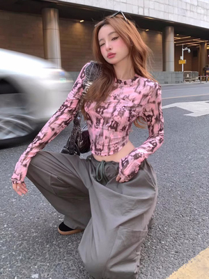 纯欲风甜辣妹短款扎染长袖T恤女