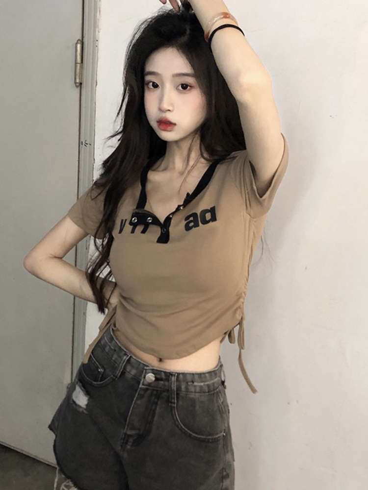 美式不规则抽绳辣妹短款收腰上衣