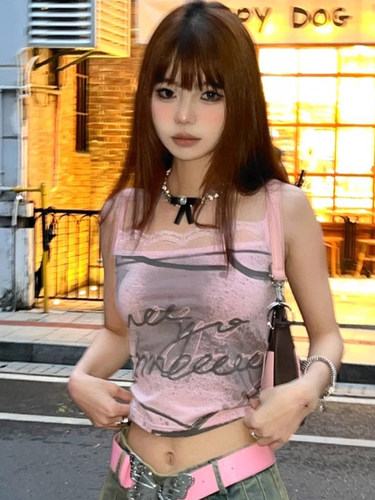 纯欲甜酷辣妹蕾丝拼接吊带背心女
