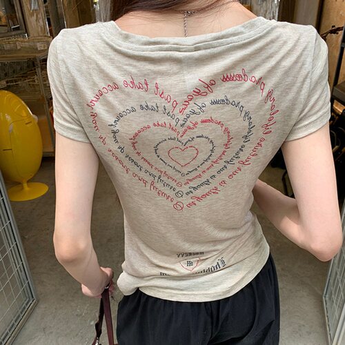 美式复古薄款爱心印花短袖T恤女