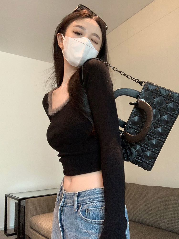 法式小香风方领短款纯欲打底衫女