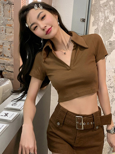 美式复古Polo衫短袖女2024夏季新款辣妹棕色T恤短款露脐显瘦上衣