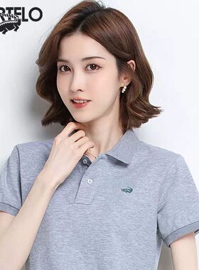 卡帝乐鳄鱼POLO衫短袖t恤女夏季纯棉宽松薄款运动V领休闲上衣装