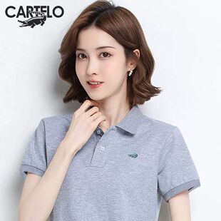 卡帝乐鳄鱼POLO衫短袖t恤女夏季纯棉宽松薄款运动V领休闲上衣装