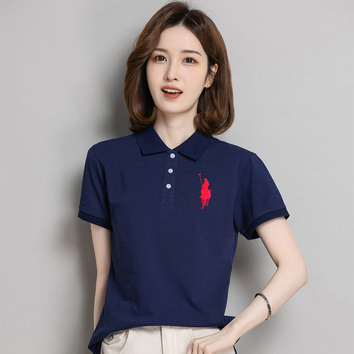 正品女士短袖polo衫夏季透气宽松工作服纯棉翻领半袖t恤上衣定制