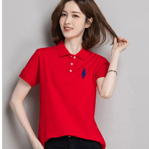 正品女士短袖polo衫夏季透气宽松工作服纯棉翻领半袖t恤上衣定制