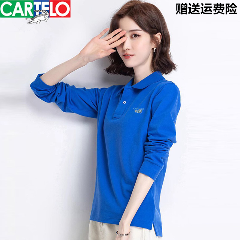 卡帝乐鳄鱼POLO衫女长袖t恤秋季纯棉宽松大码运动翻领休闲上衣潮